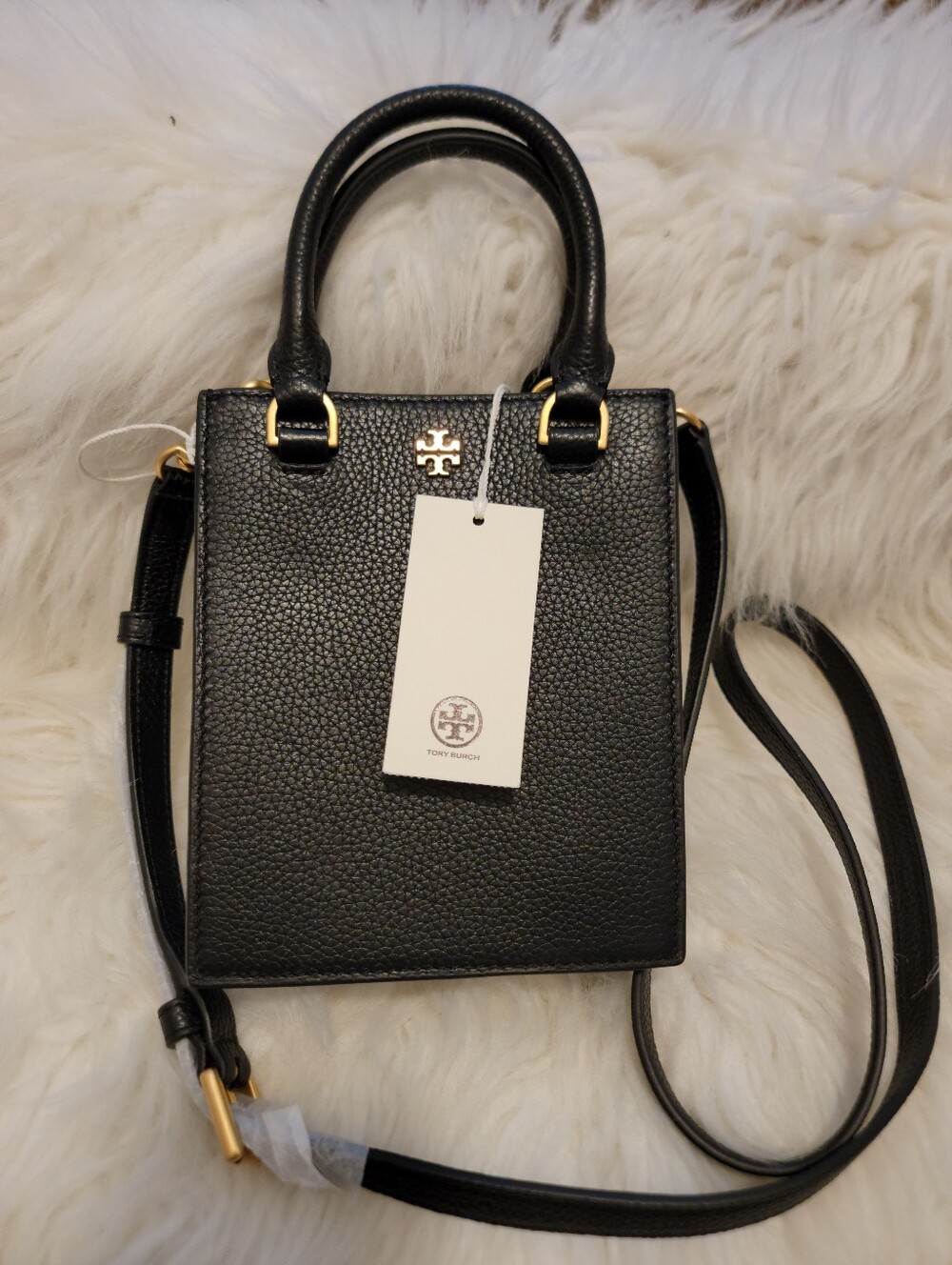 Tory Burch Black Pebbled Leather Crossbody Satchel with Gold Hardware